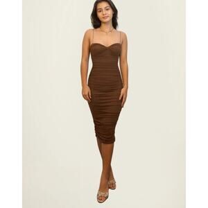 Oh Polly Brown Ruched Midi Dress Bodycon Stretch Night Out Cocktail Size 8